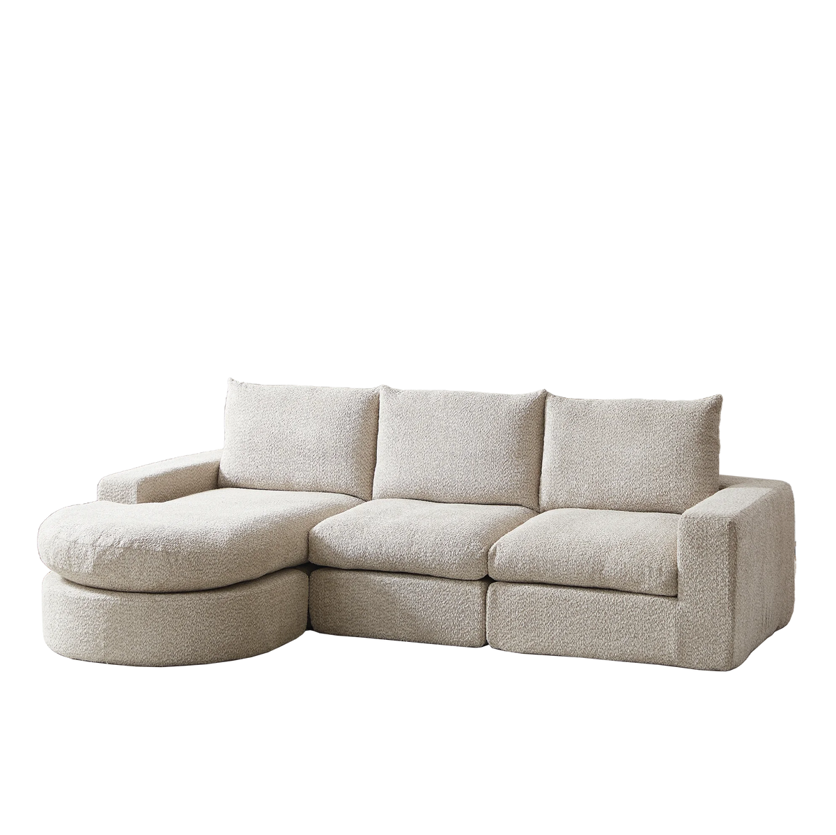 Canapé modulable beige en chenille avec méridienne, méridienne à gauche sur fond blanc