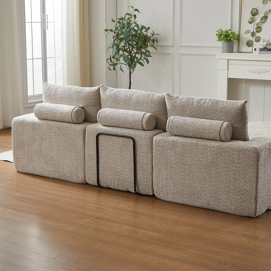 Canapé modulable beige en chenille avec méridienne, vue arrière