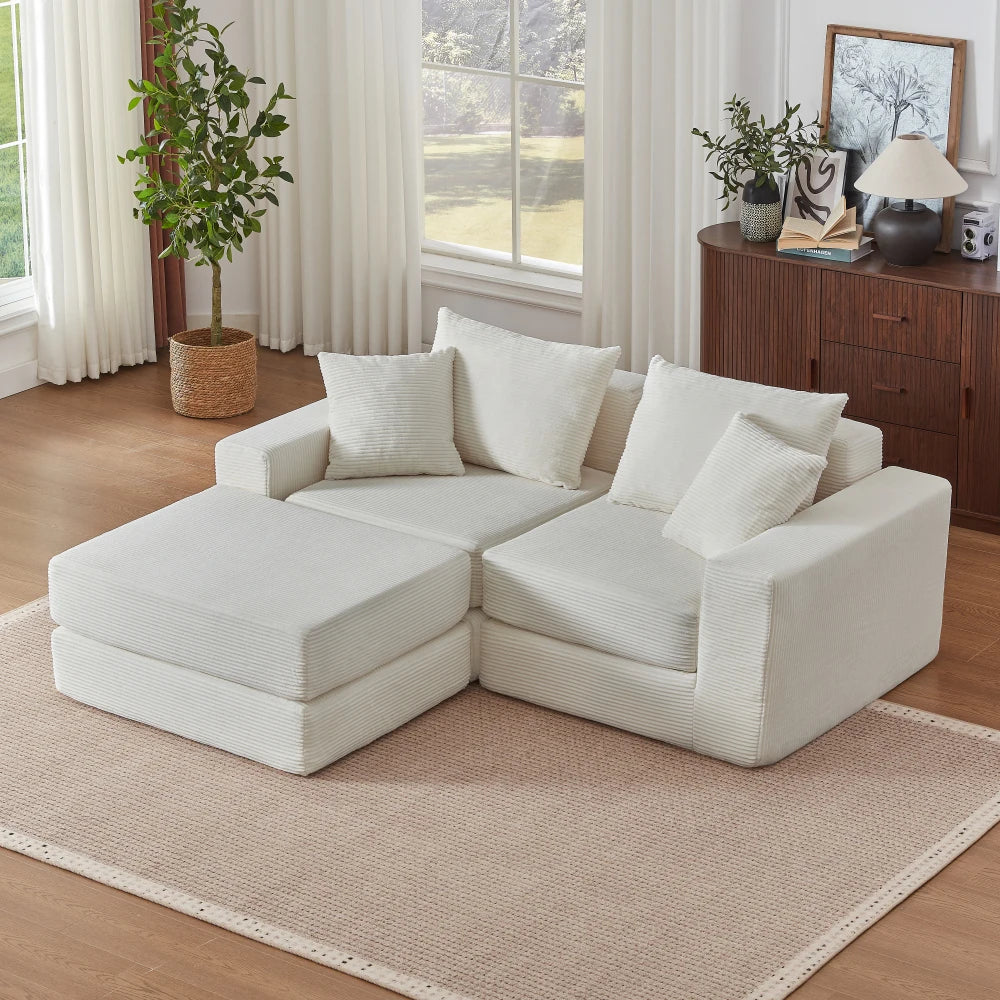 Canapé modulable en L en velours côtelé blanc, assise profonde
