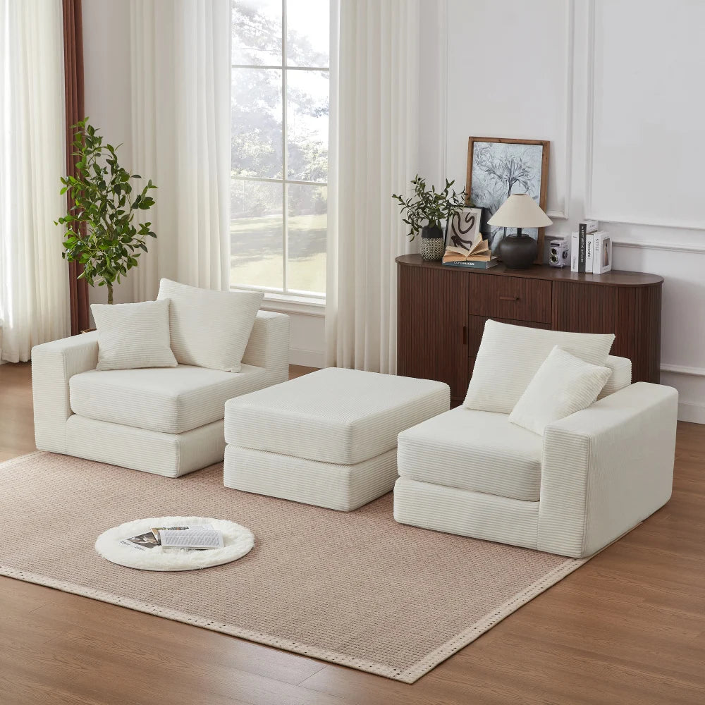 Canapé modulable blanc en velours côtelé, modules séparés