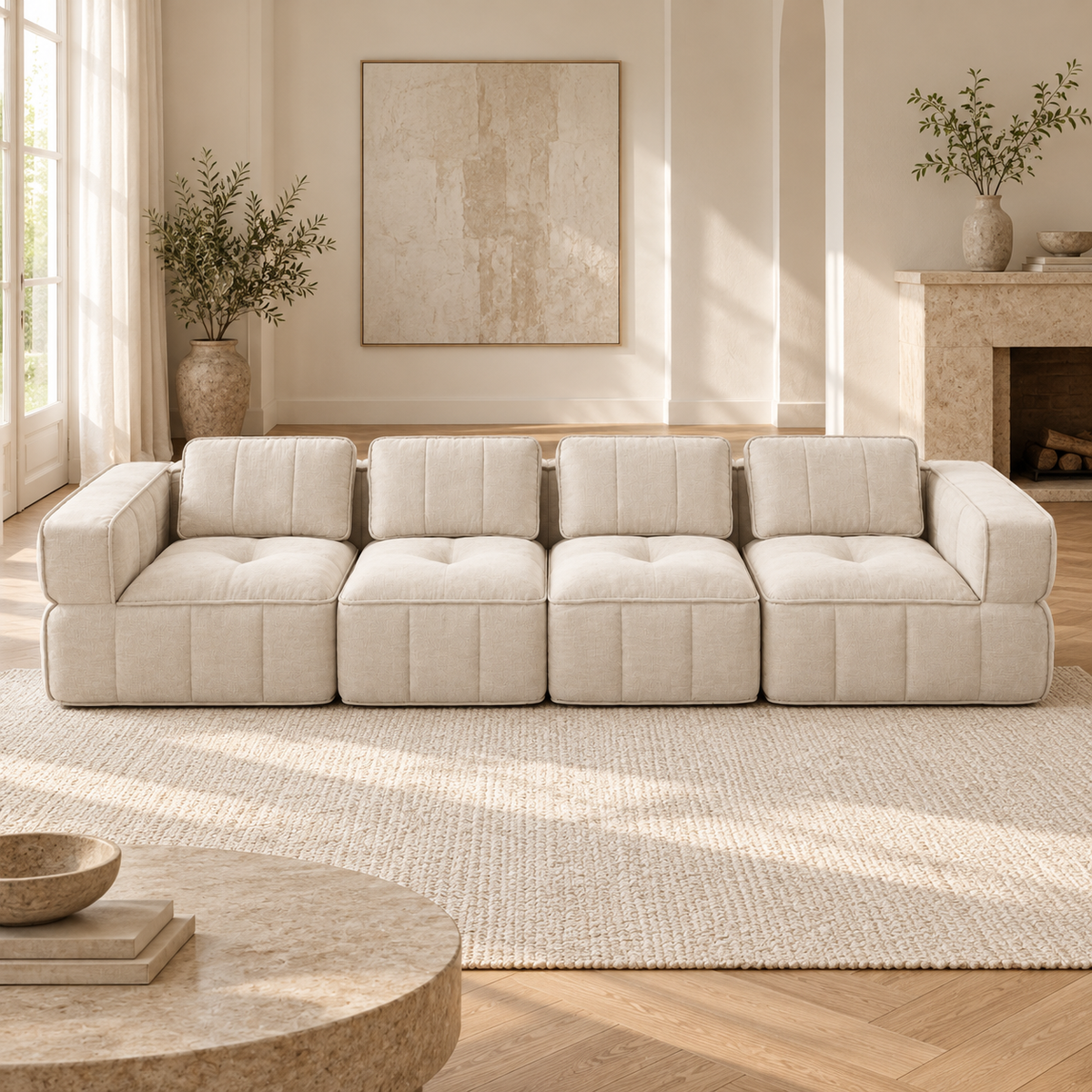 Canapé modulable capitonné, beige, autre angle dans un salon lumineux