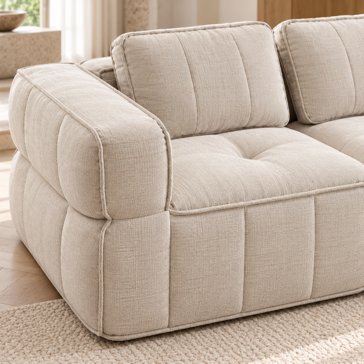 Canapé modulable capitonné, beige, gros plan du revêtement et des finitions