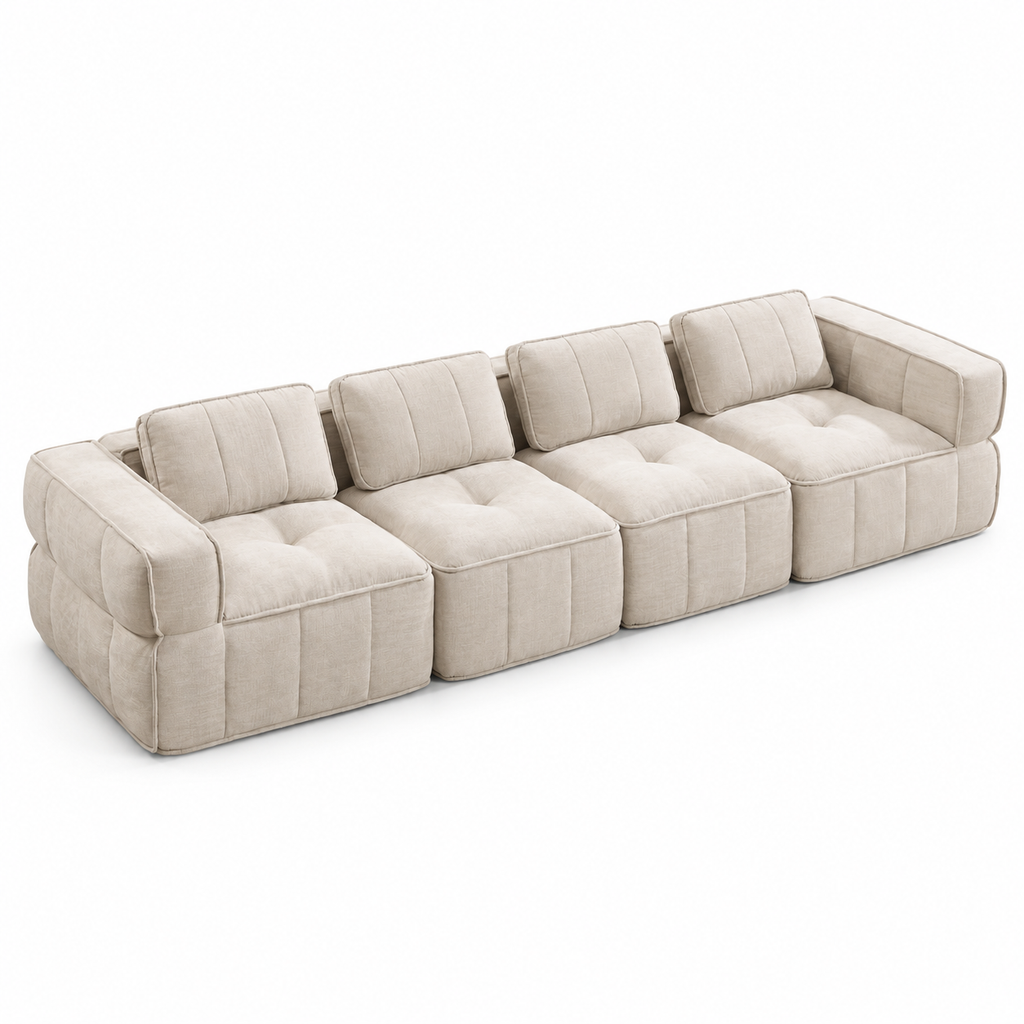 Canapé modulable capitonné, beige, sur fond blanc