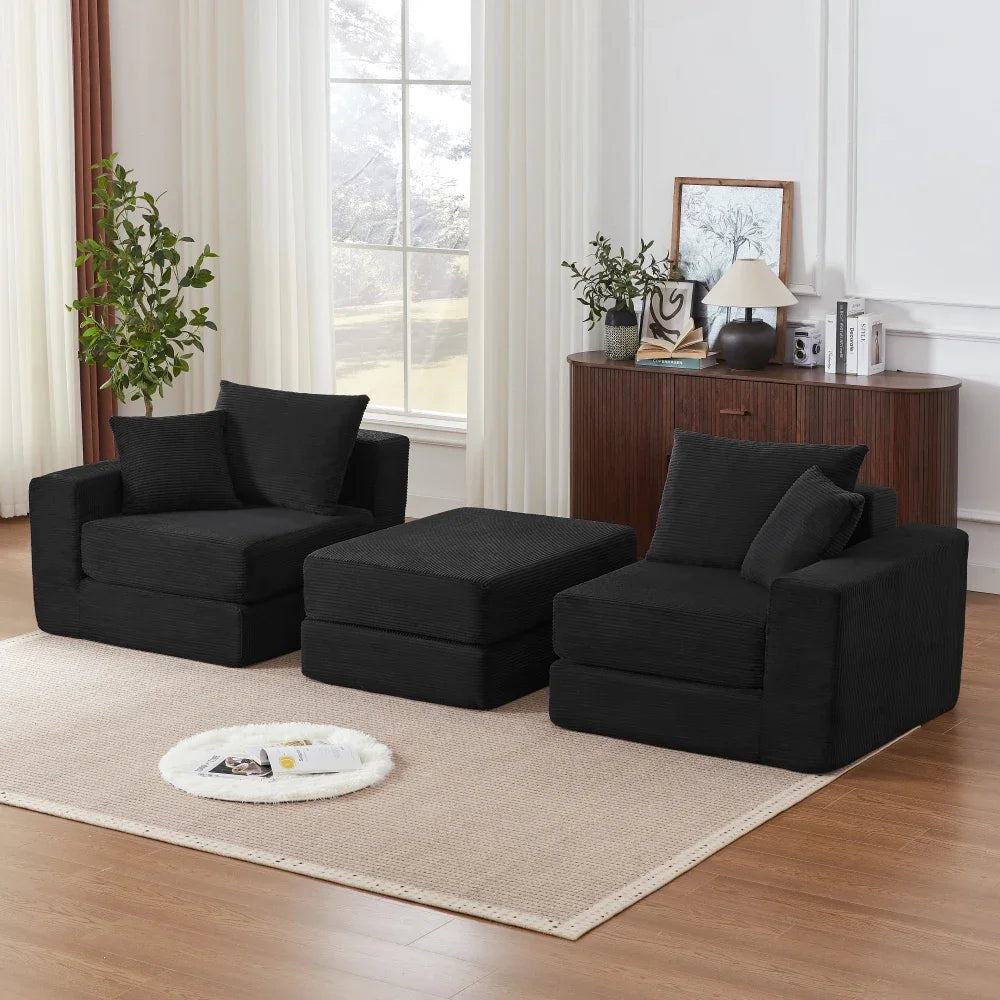 Canapé modulable convertible noir en velours côtelé, sièges séparés avec pouf central
