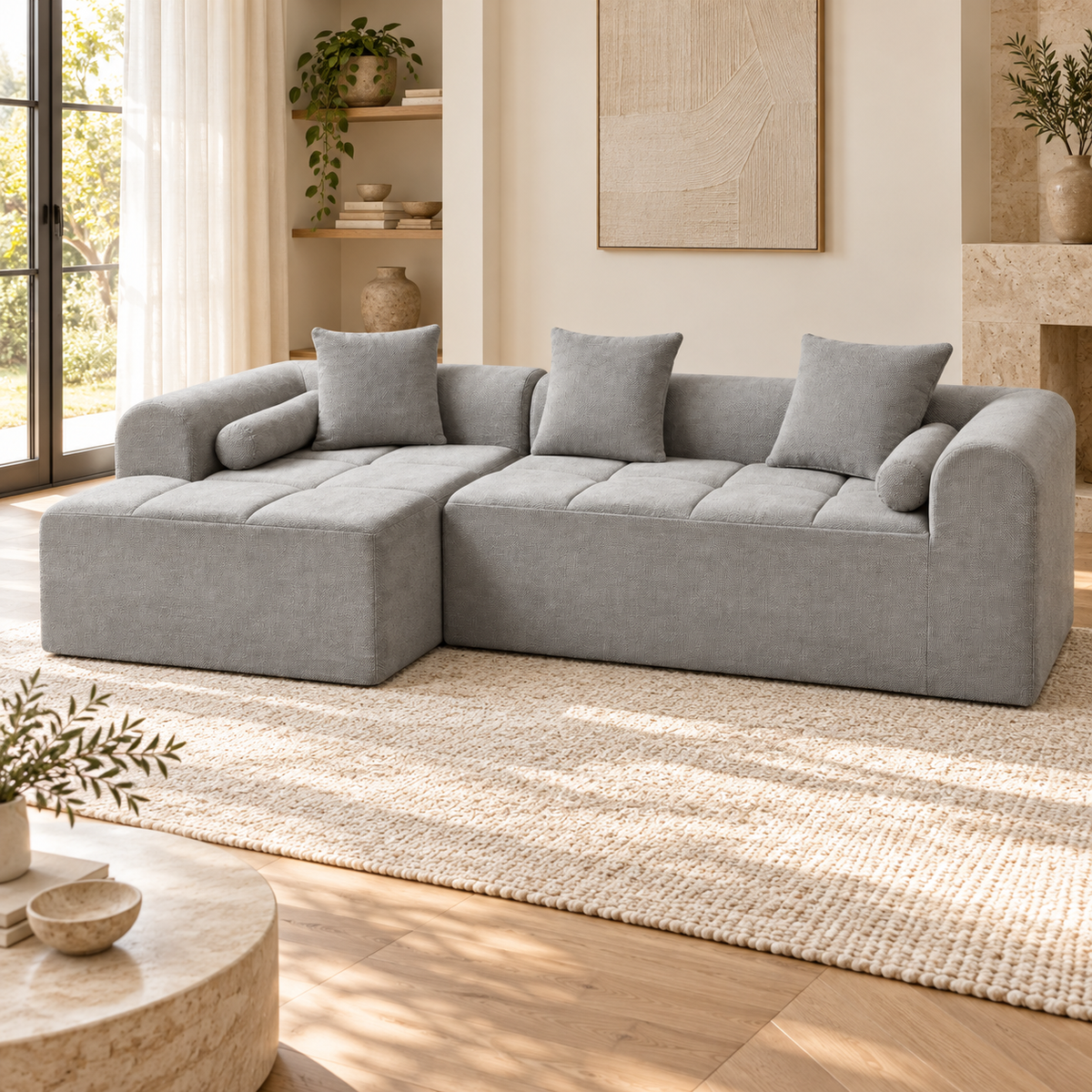 Canapé modulable en chenille grise, autre angle dans un salon lumineux
