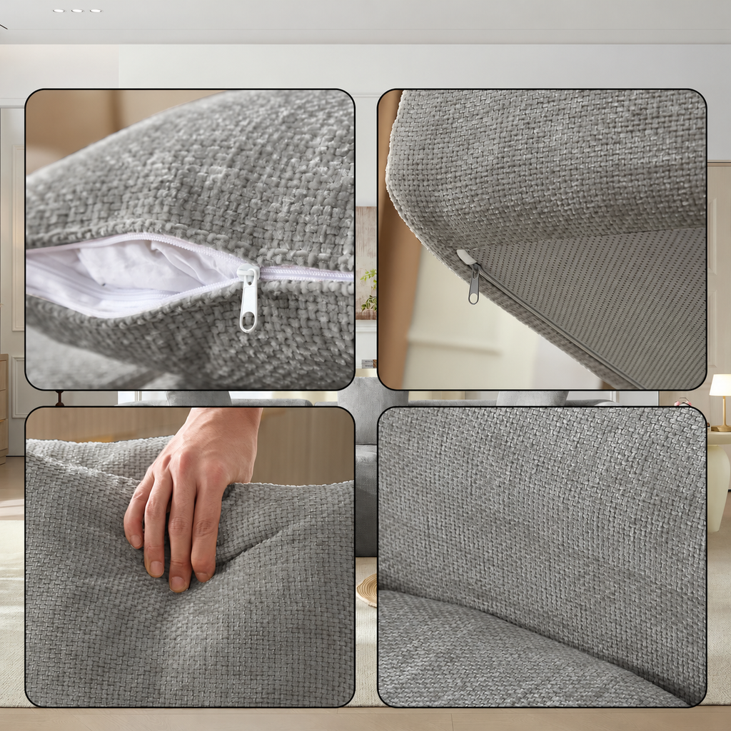 Canapé modulable en chenille grise, détails du tissu et des finitions