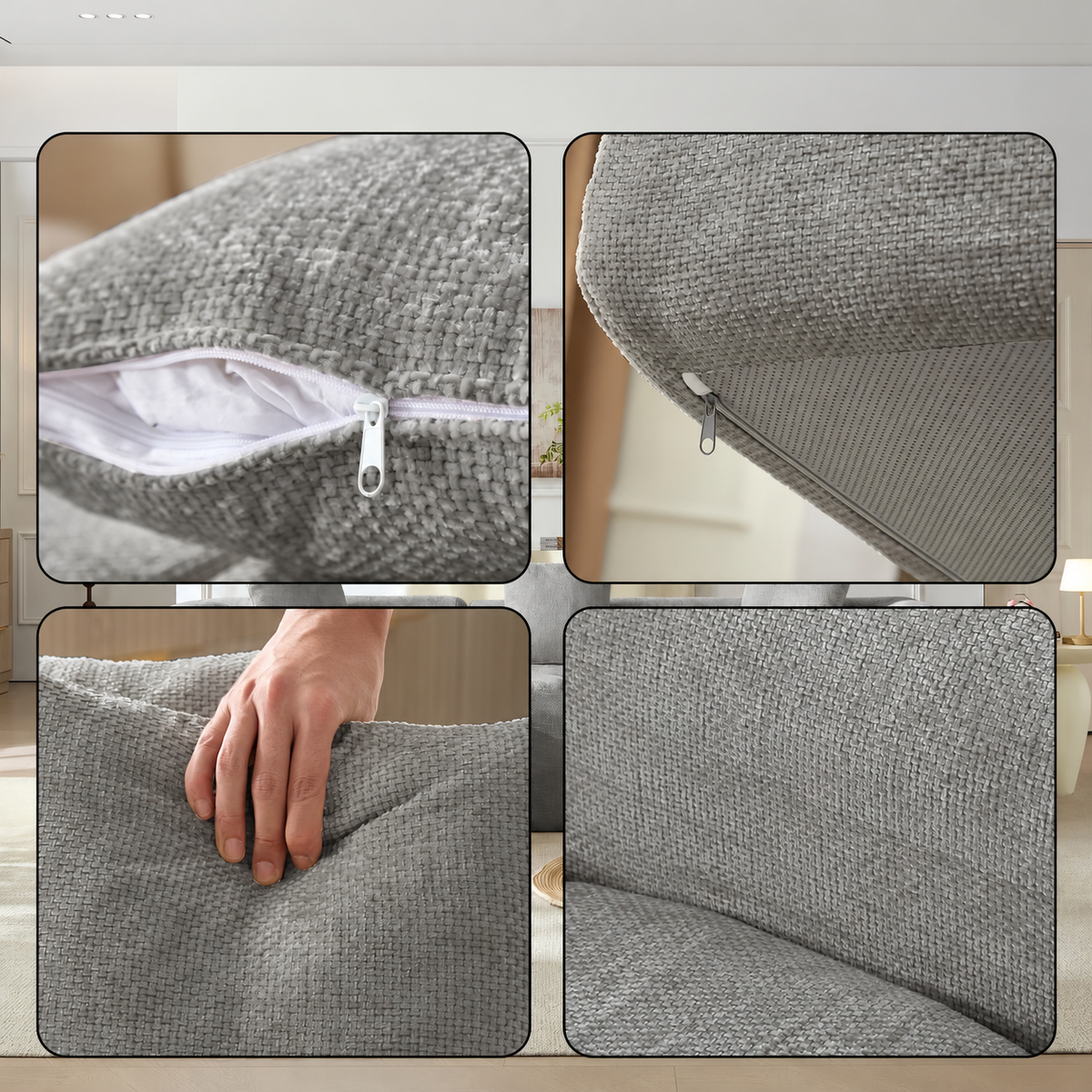 Canapé modulable en chenille grise, détails du tissu et des finitions