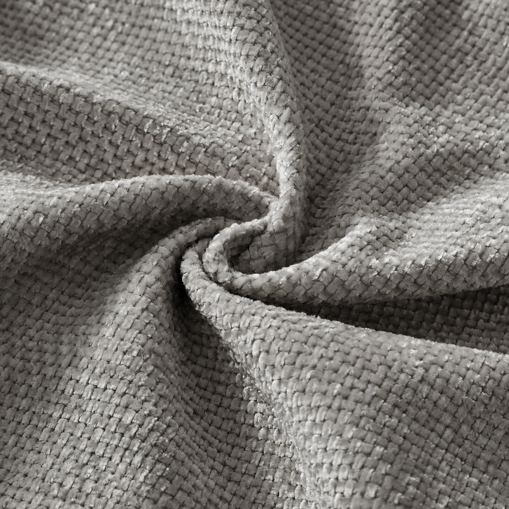 Canapé modulable en chenille grise, gros plan de la chenille