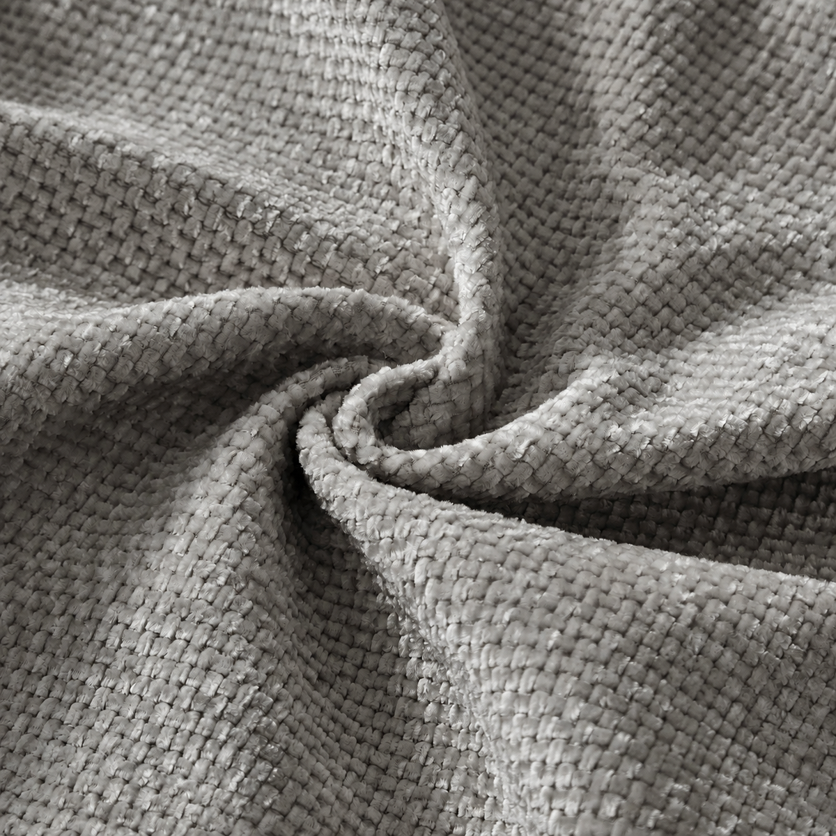 Canapé modulable en chenille grise, gros plan de la chenille