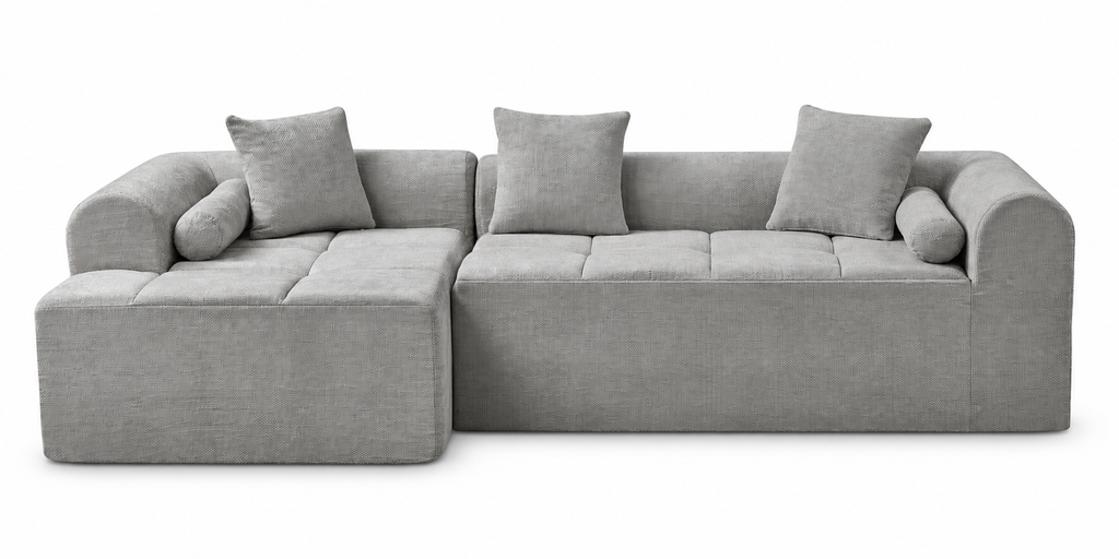 Canapé modulable en chenille grise, vue sur fond blanc