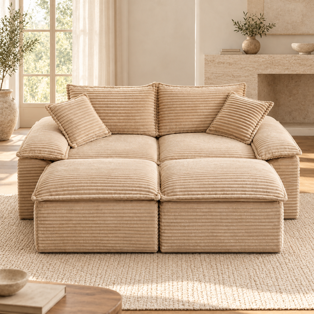 Canapé modulable en velours côtelé beige, autre angle dans un salon lumineux