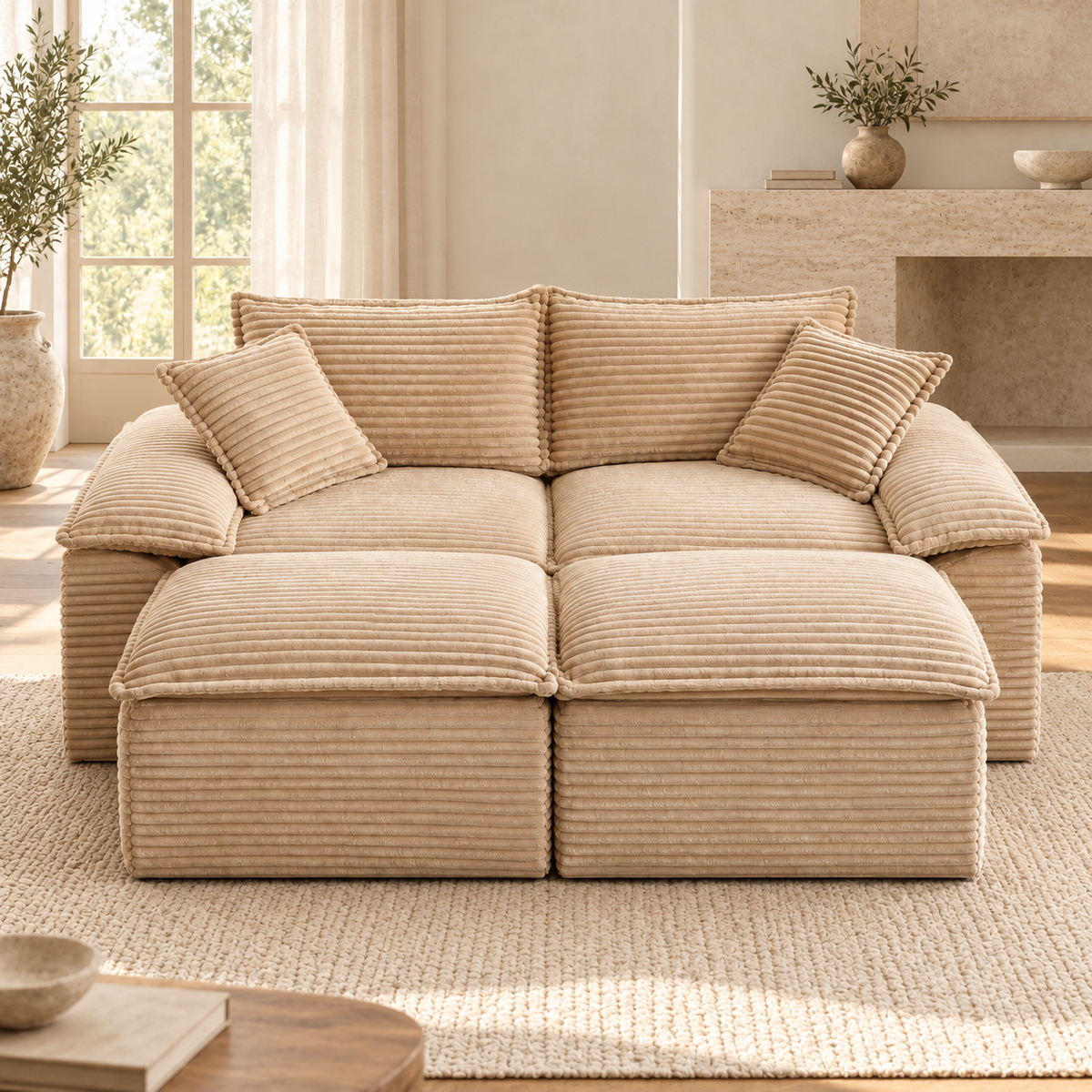 Canapé modulable en velours côtelé beige, autre angle dans un salon lumineux