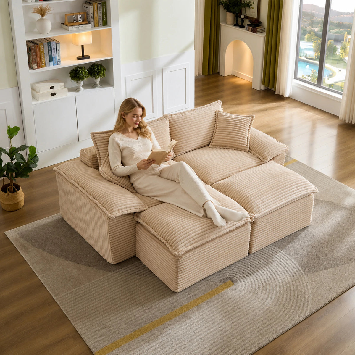Canapé modulable en velours côtelé beige, assise utilisée dans un salon
