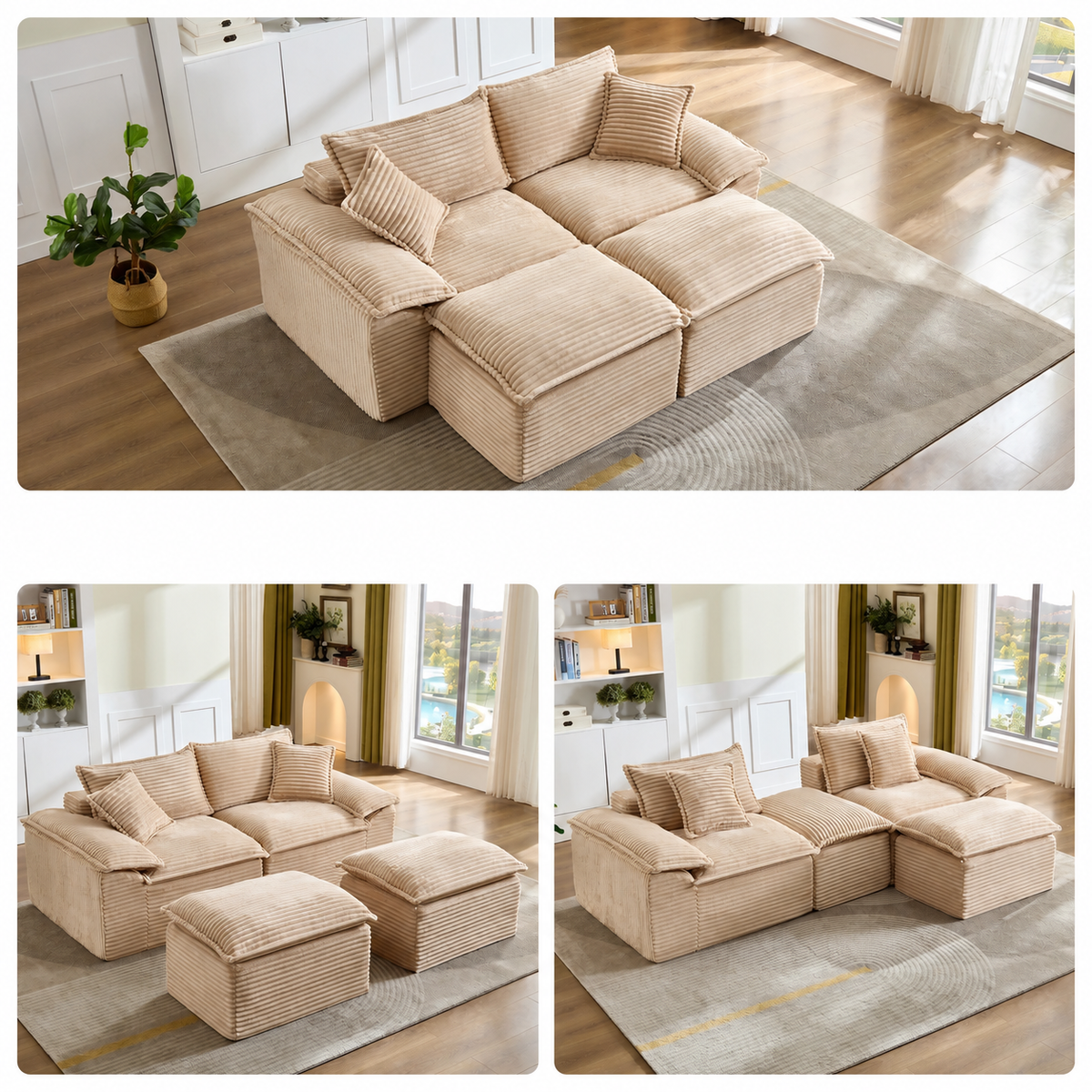Canapé modulable en velours côtelé beige, différentes dispositions des modules