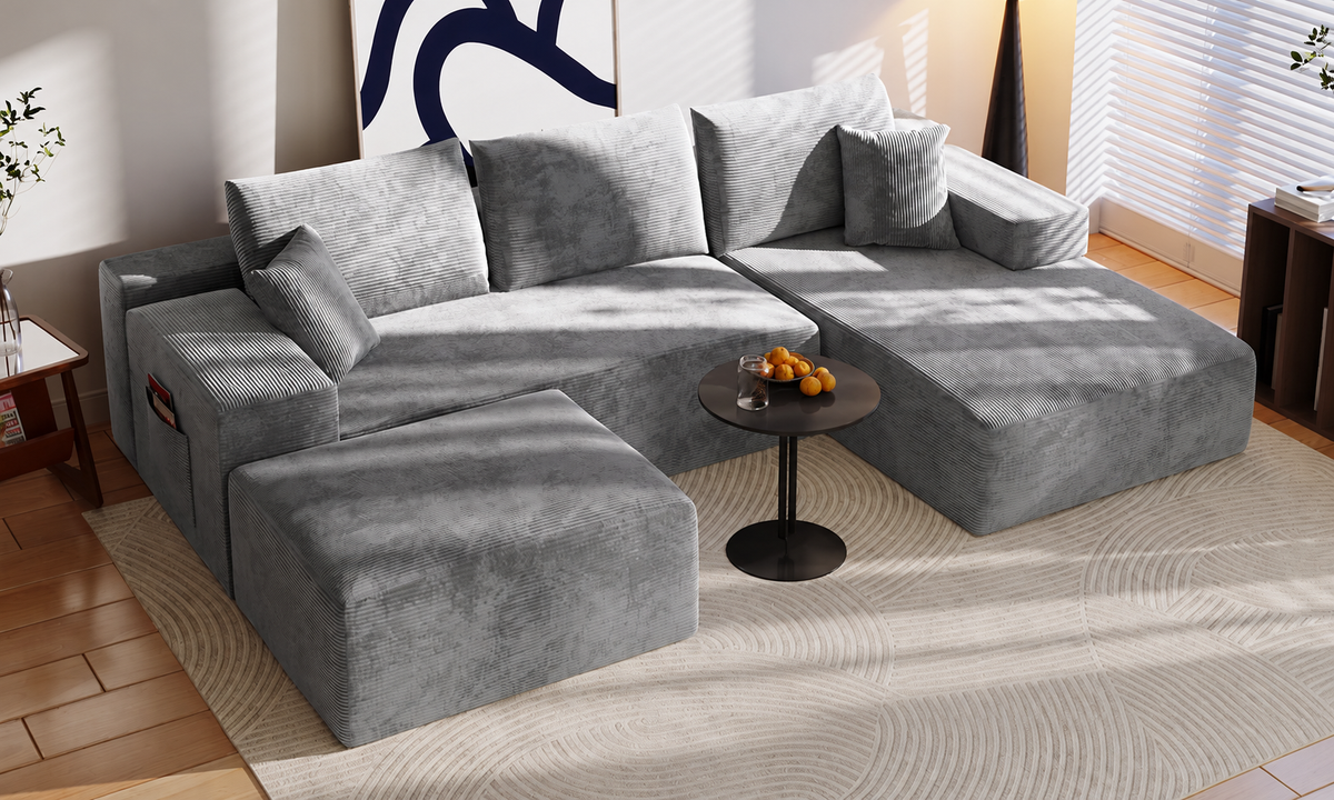 Canapé d'angle modulable 4 places en velours côtelé gris