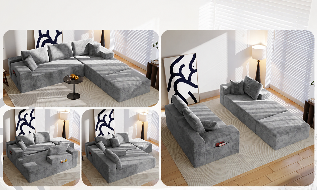 Canapé modulable en velours côtelé gris, différentes dispositions réelles des modules