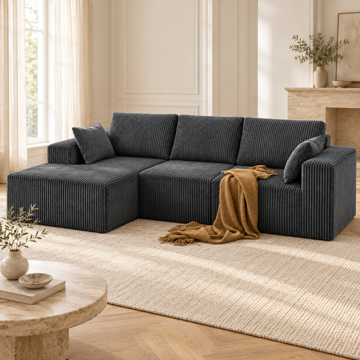 Canapé modulable en velours côtelé gris foncé, autre angle dans un salon lumineux