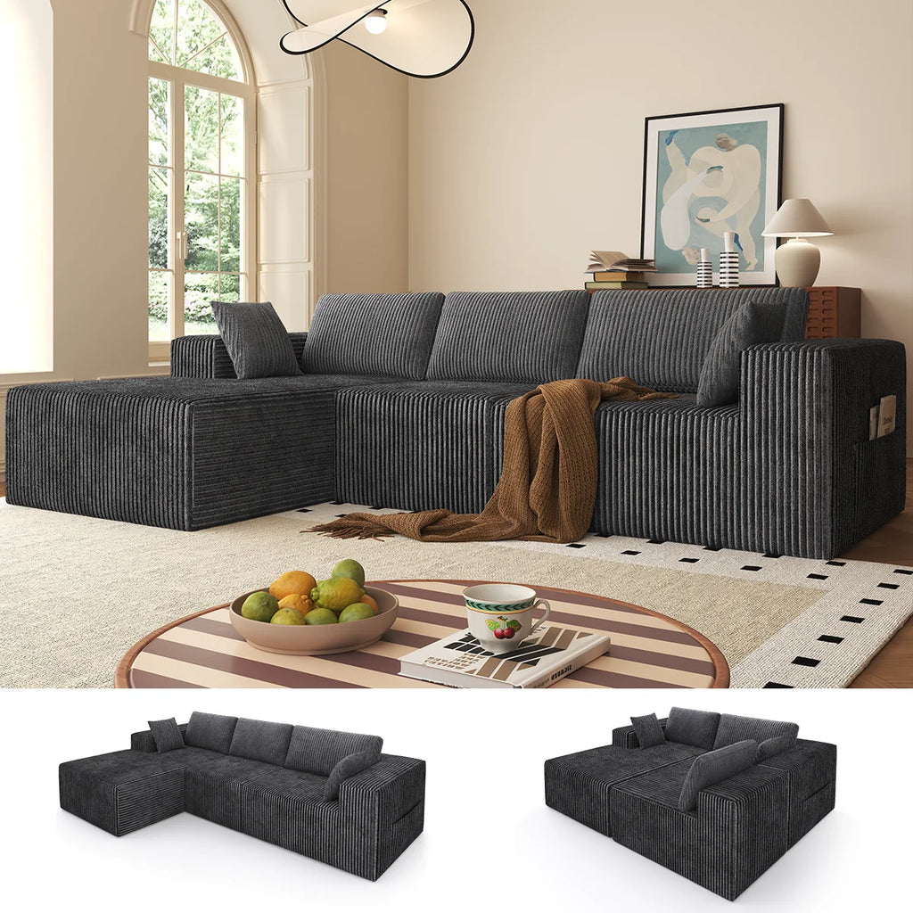 Canapé modulable en velours côtelé gris foncé, dispositions des modules
