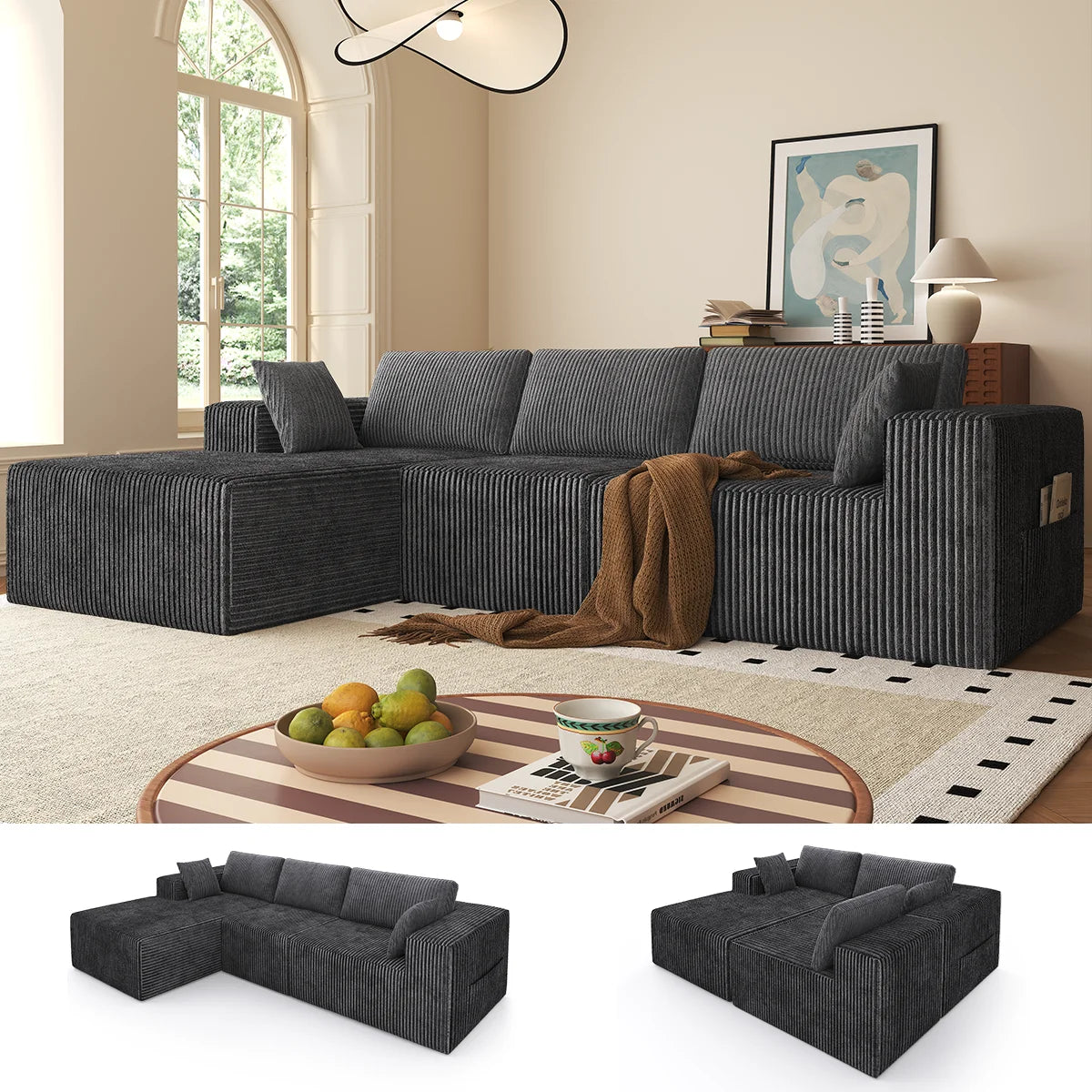 Canapé modulable en velours côtelé gris foncé, dispositions des modules