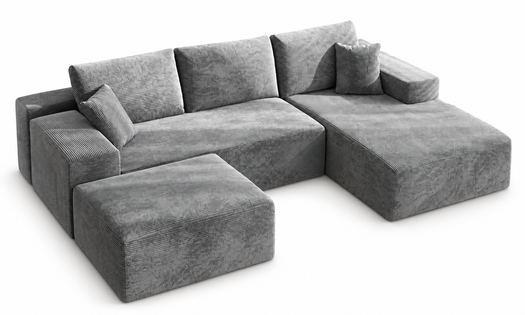 Canapé d'angle modulable 4 places en velours côtelé gris, vue sur fond blanc
