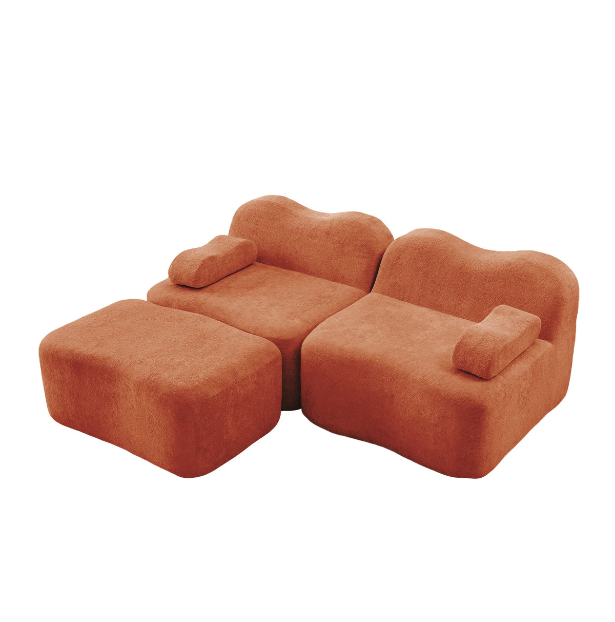 Canapé modulable et pouf en tissu terracotta, ensemble sur fond blanc