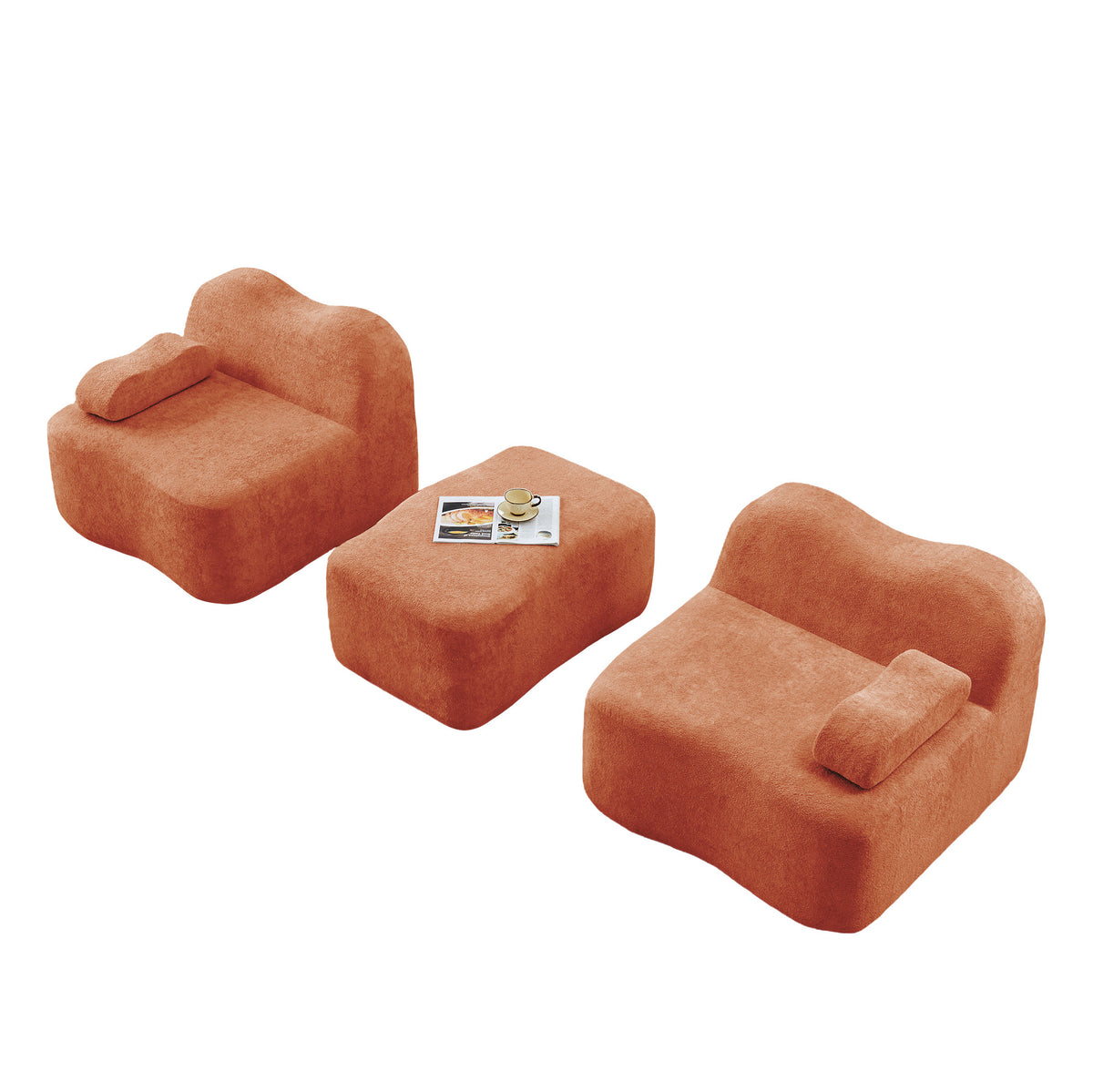 Canapé modulable et pouf en tissu terracotta, sièges séparés et pouf sur fond blanc