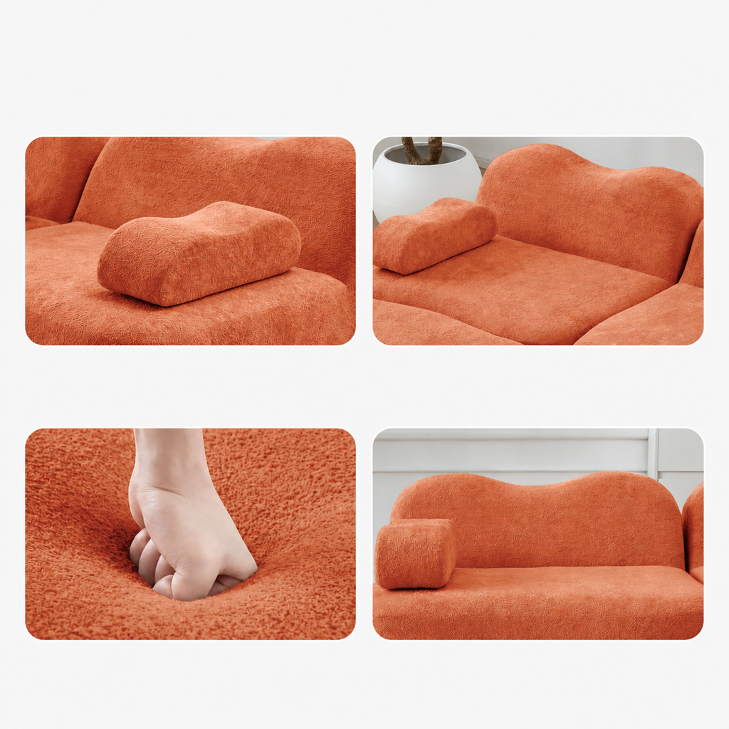 Canapé modulable et pouf en tissu terracotta, détails des coussins, du tissu et des finitions