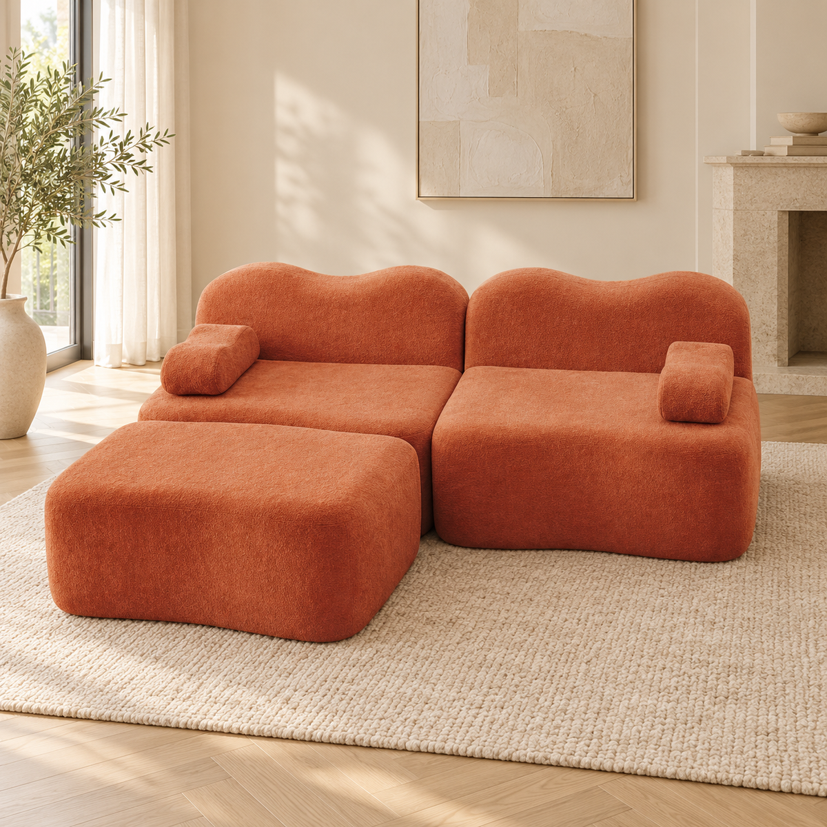 Canapé modulable et pouf en tissu terracotta, ensemble, autre angle dans un salon lumineux