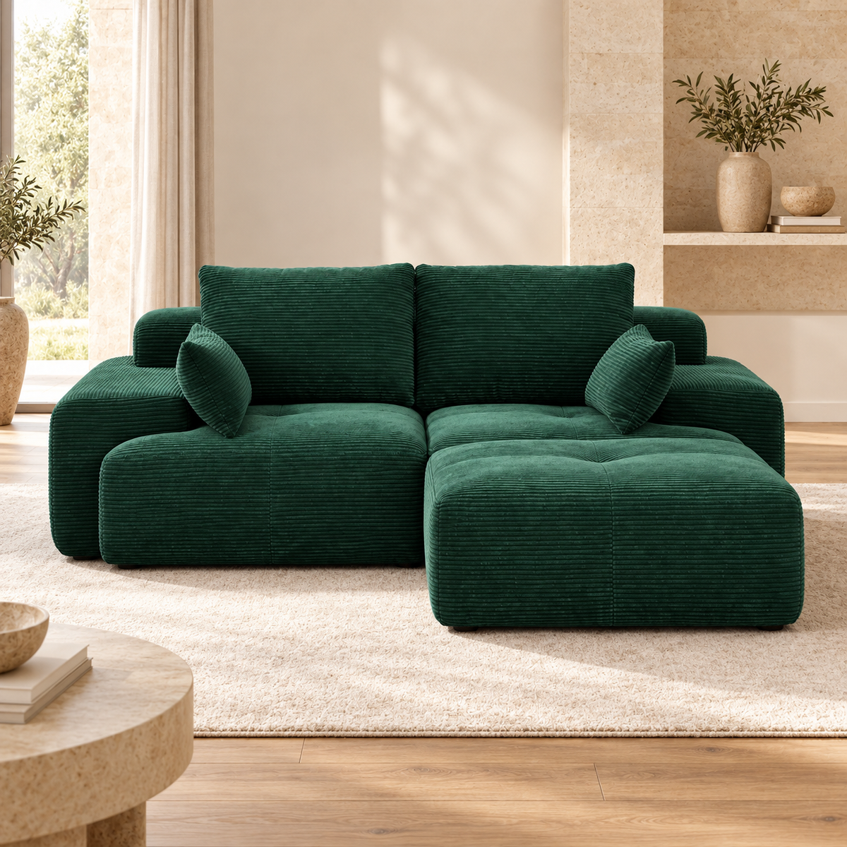 Canapé modulable et pouf en velours côtelé vert, ensemble, autre angle dans un salon lumineux