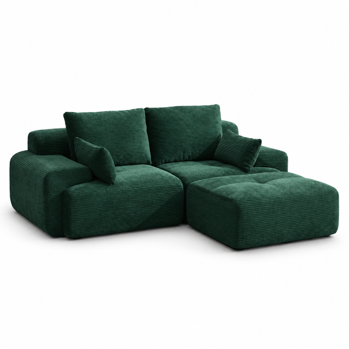 Canapé modulable et pouf en velours côtelé vert, ensemble sur fond blanc