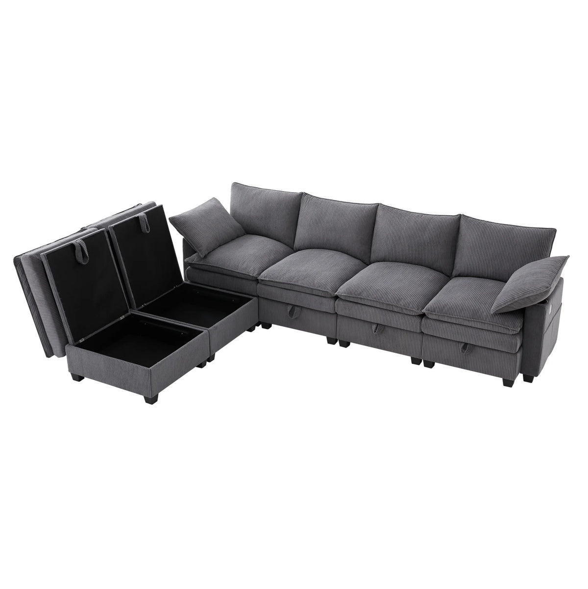 Canapé modulable gris avec rangement, compartiment de rangement ouvert