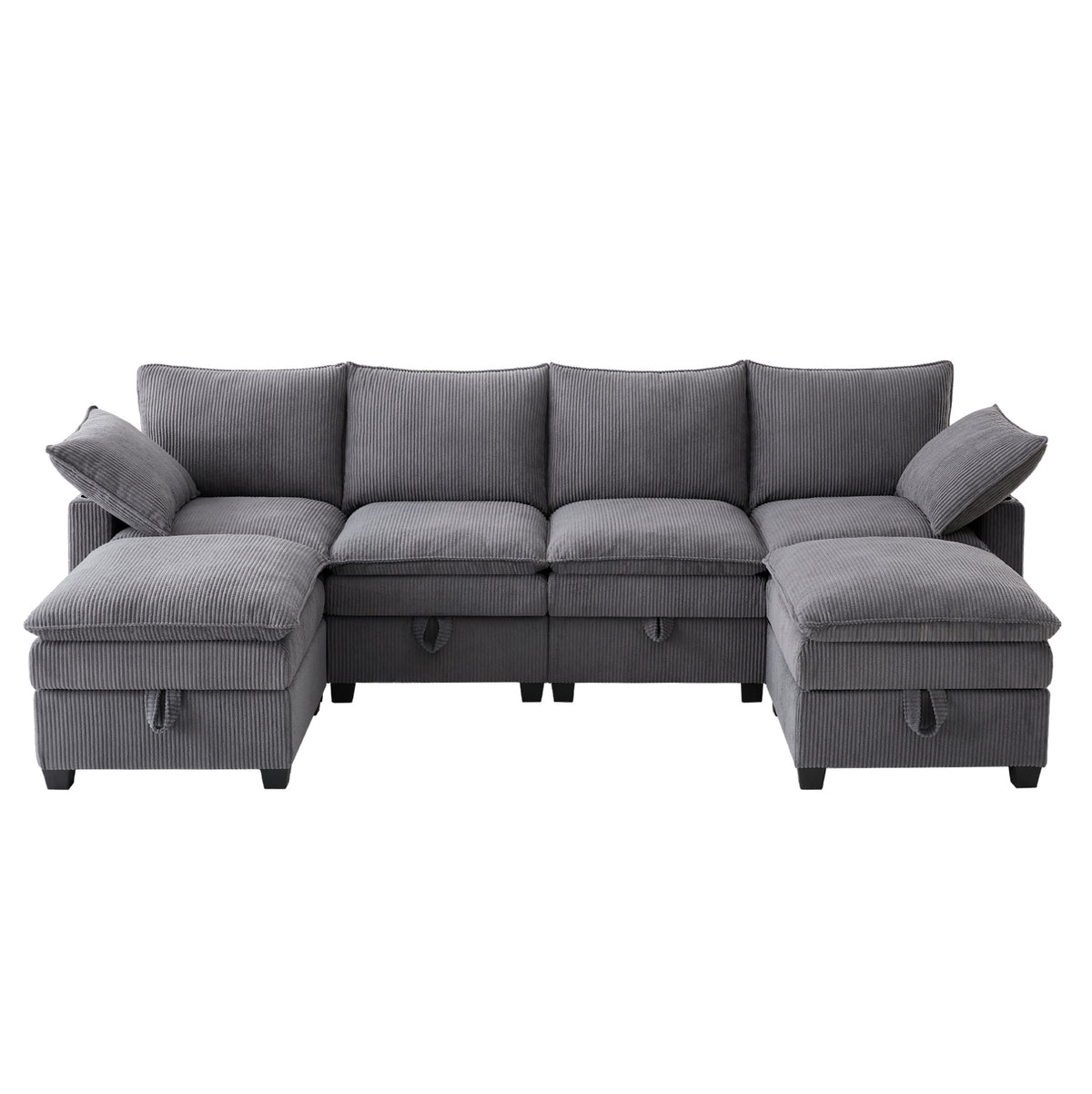 Canapé modulable gris avec rangement, position fermée sur fond blanc