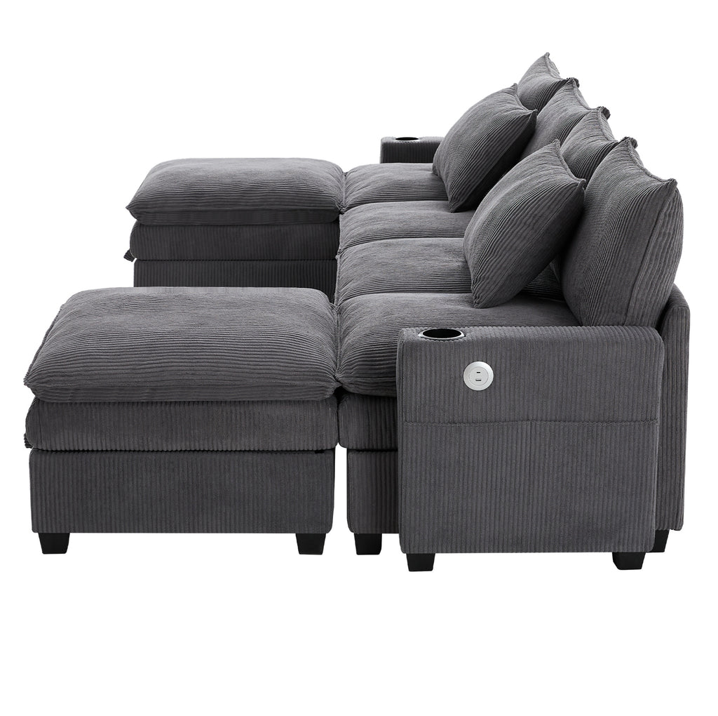 Canapé modulable gris avec rangement, vue de profil