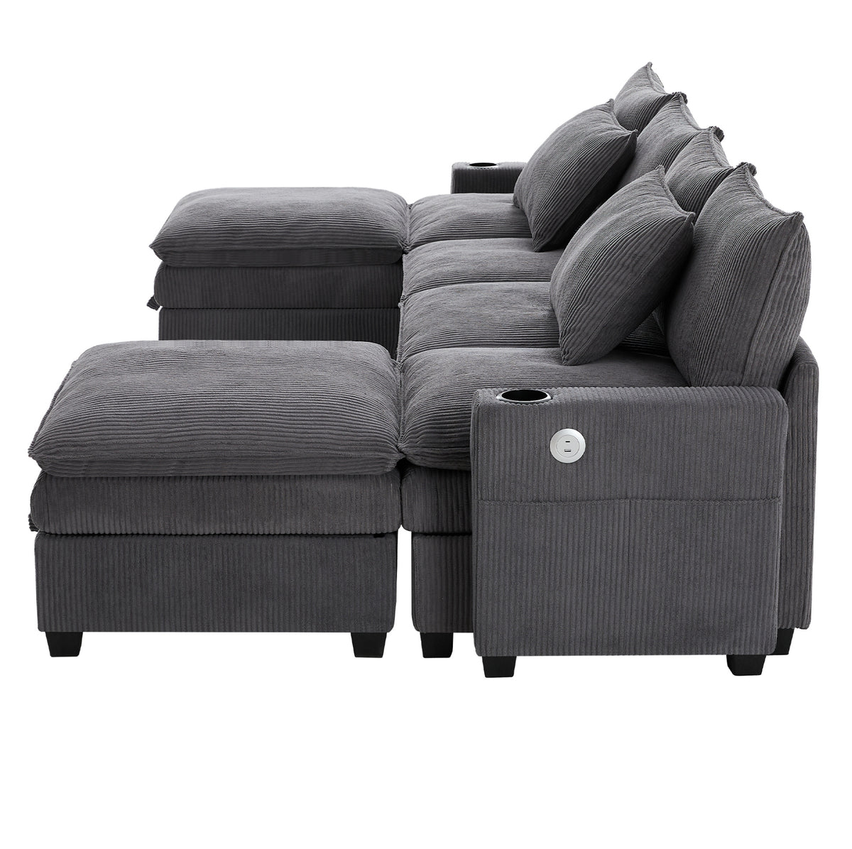 Canapé modulable gris avec rangement, vue de profil
