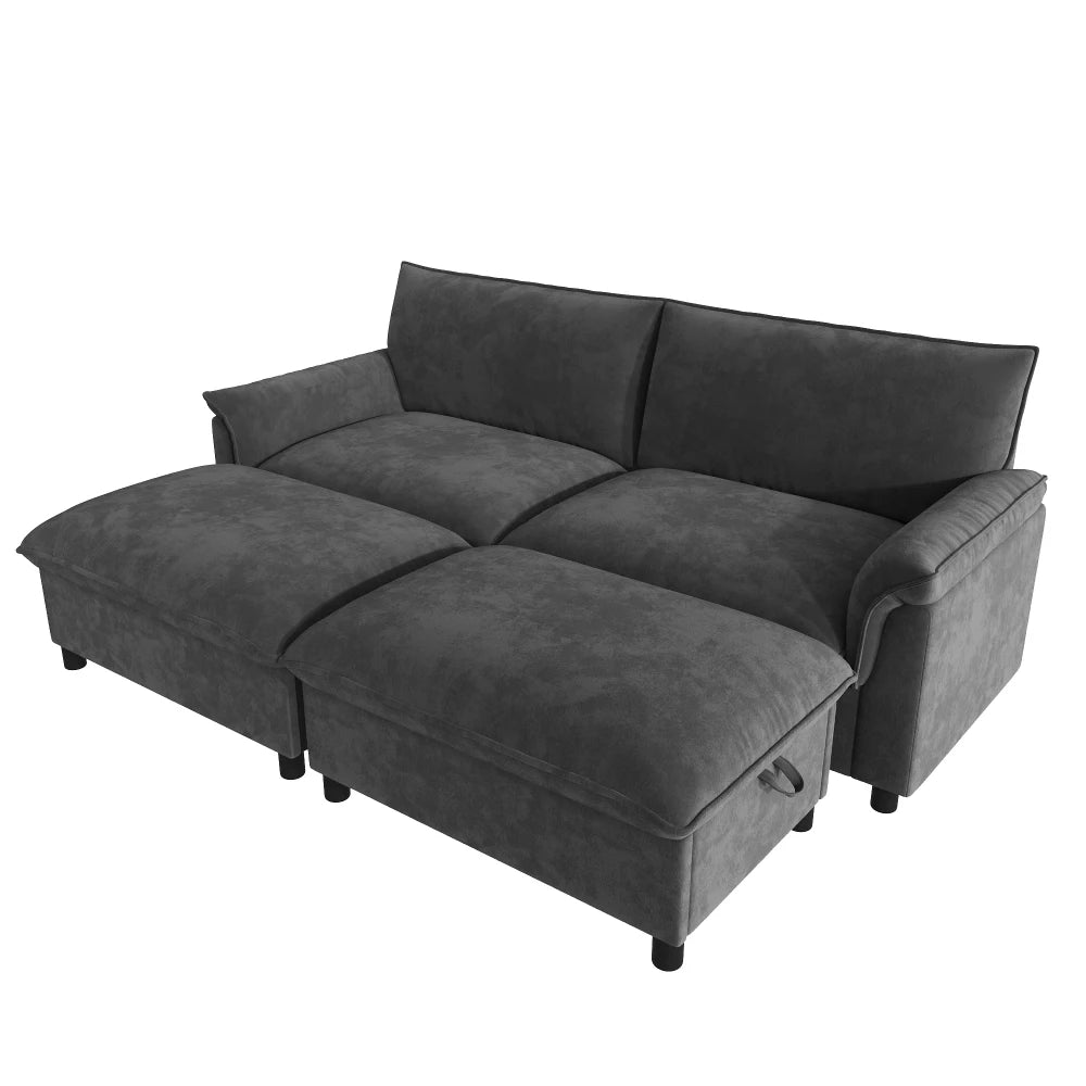 Canapé modulable noir avec repose-pieds, vue d’ensemble sur fond blanc