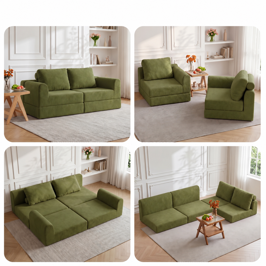 Canapé modulable vert olive, configurations canapé, fauteuils séparés, méridienne et couchage