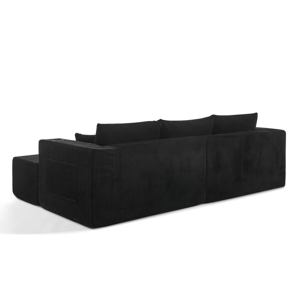 Canapé modulaire noir en velours côtelé à poufs mobiles, vue arrière