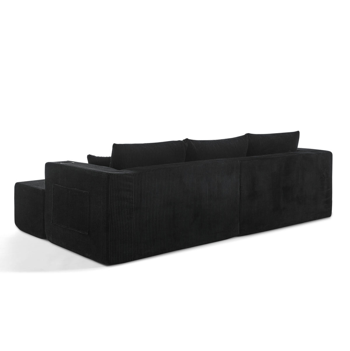 Canapé modulaire noir en velours côtelé à poufs mobiles, vue arrière