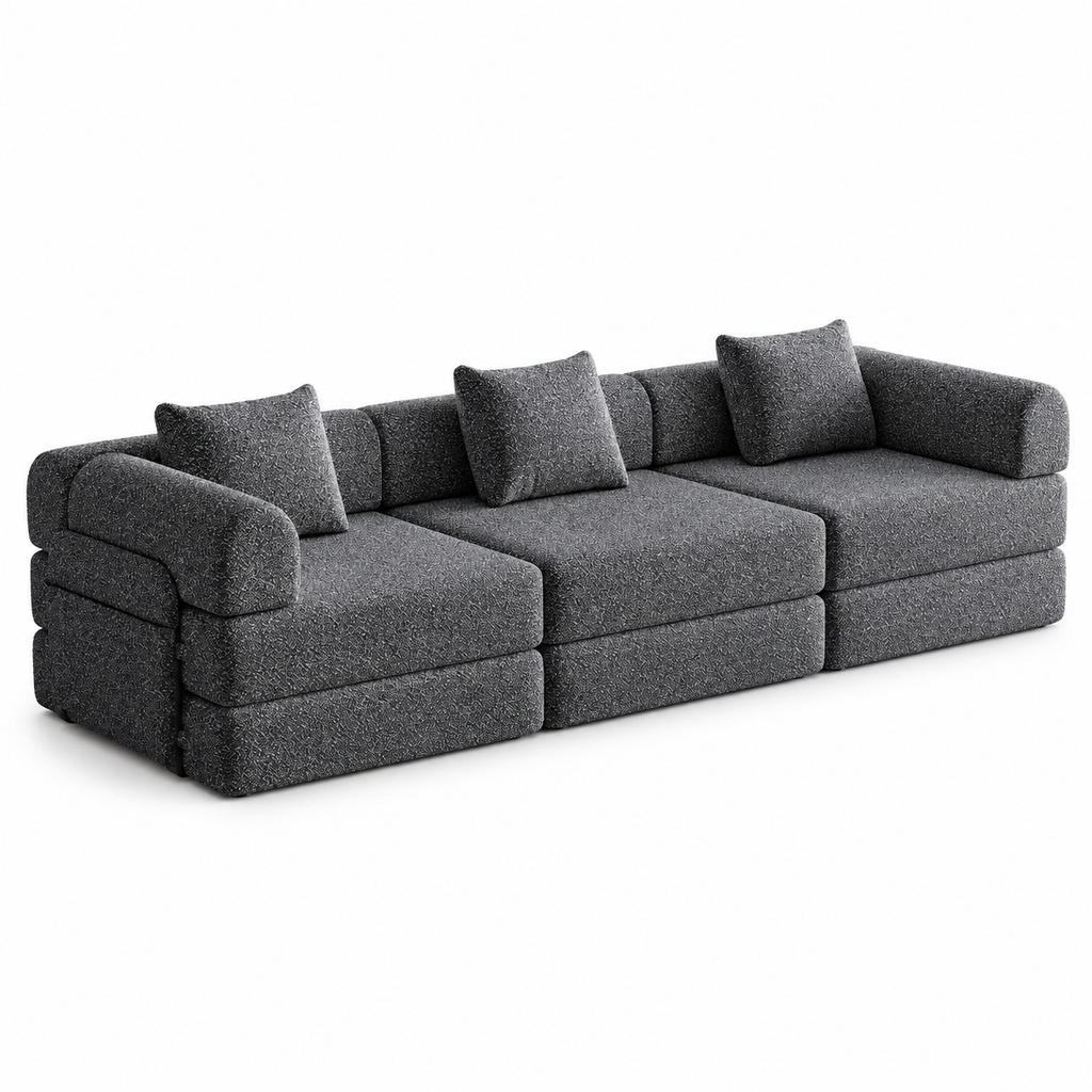 Canapé modulaire trois places en chenille, gris, vue sur fond blanc