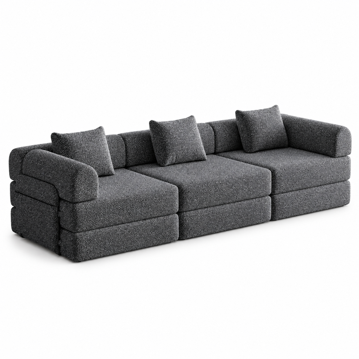 Canapé modulaire trois places en chenille, gris, vue sur fond blanc