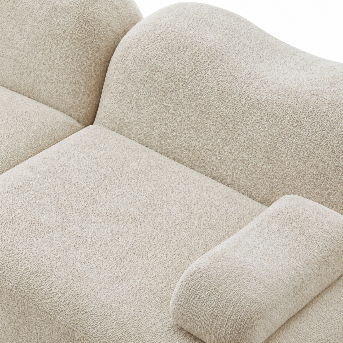 Canapé panoramique beige à formes galet, détail du revêtement et du dossier