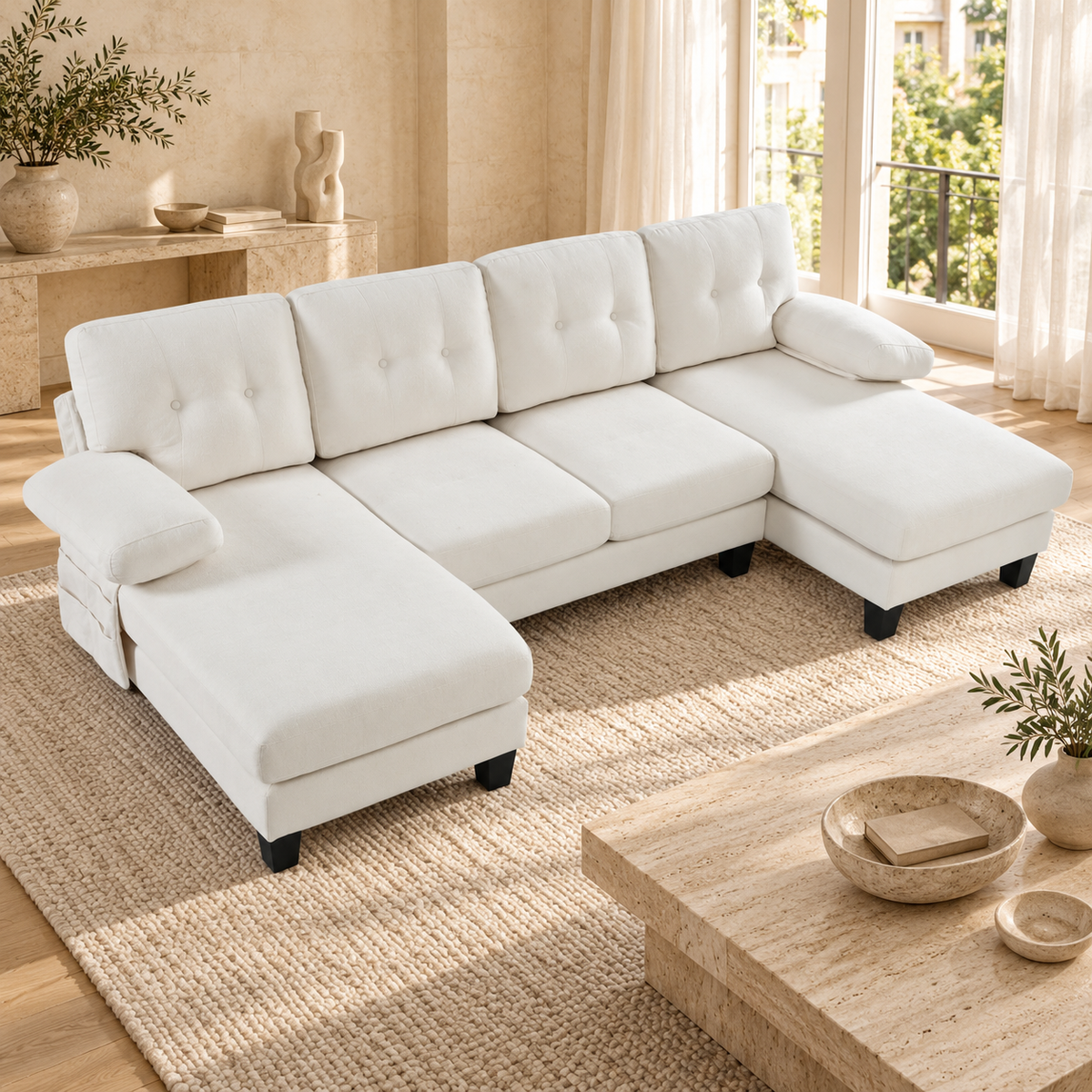 Canapé en U à deux chaises longues, chenille blanche, 268 cm