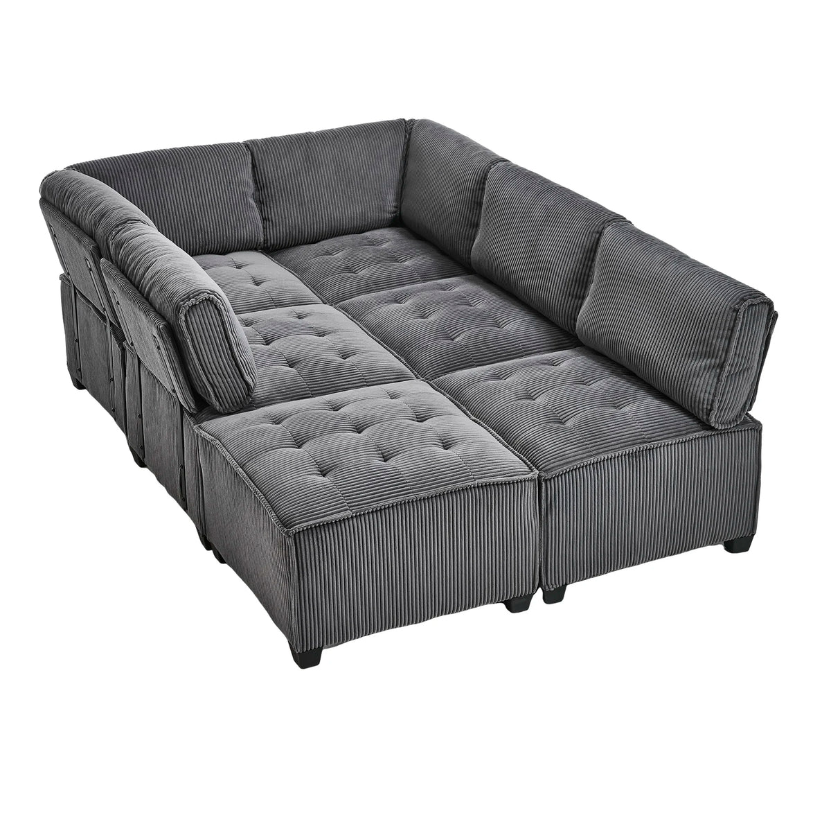 Canapé panoramique convertible en U, déplié en couchage sur fond blanc