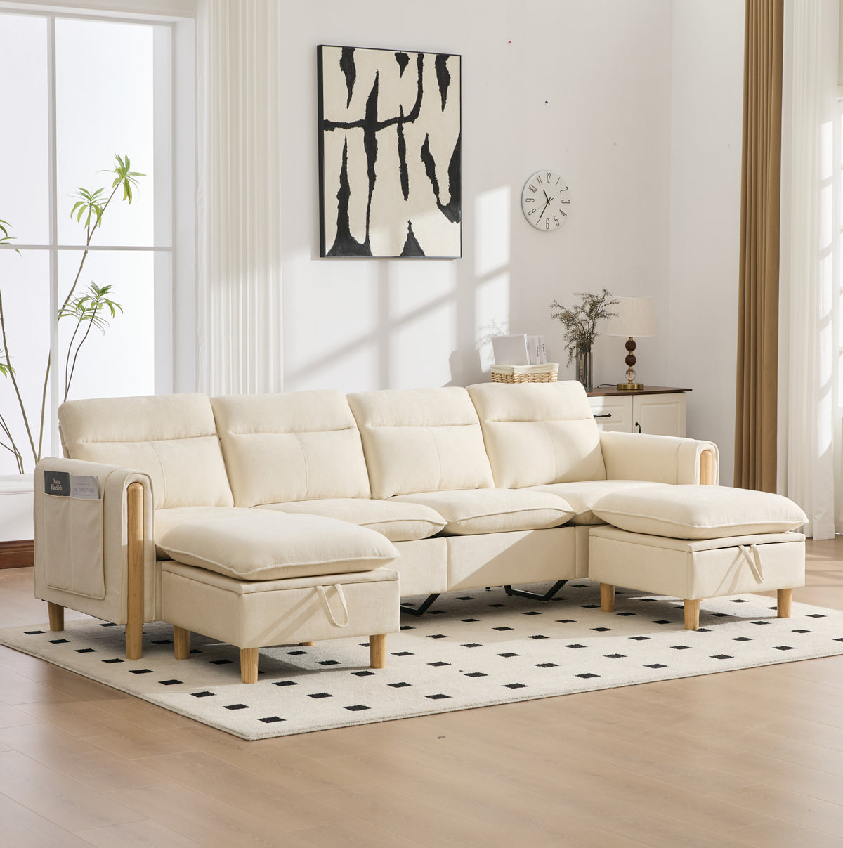 Canapé panoramique en U avec pieds en bois, autre angle dans un salon