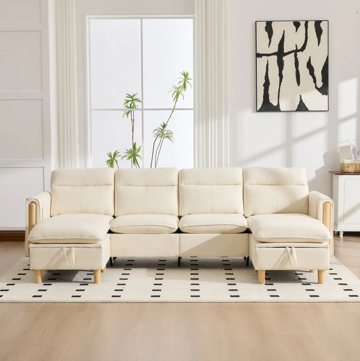 Canapé modulable en U en chenille beige, 2 poufs, 261 cm