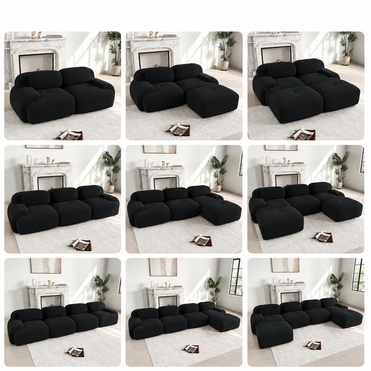 Canapé panoramique modulable en velours côtelé noir, différentes dispositions des modules