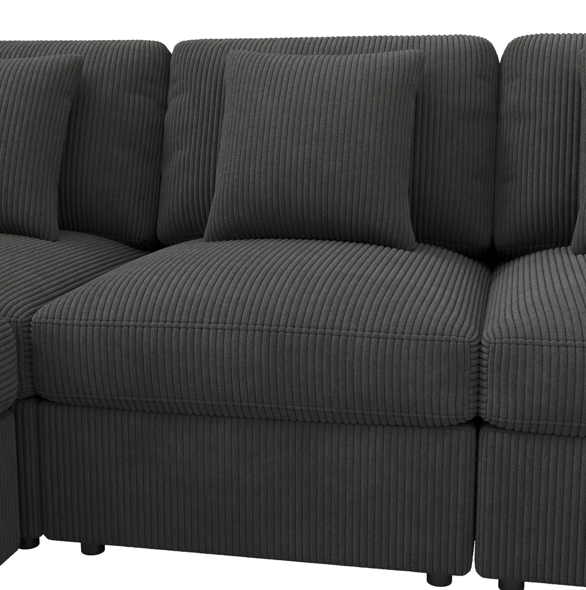 Canapé panoramique noir avec modules poufs, détail du tissu