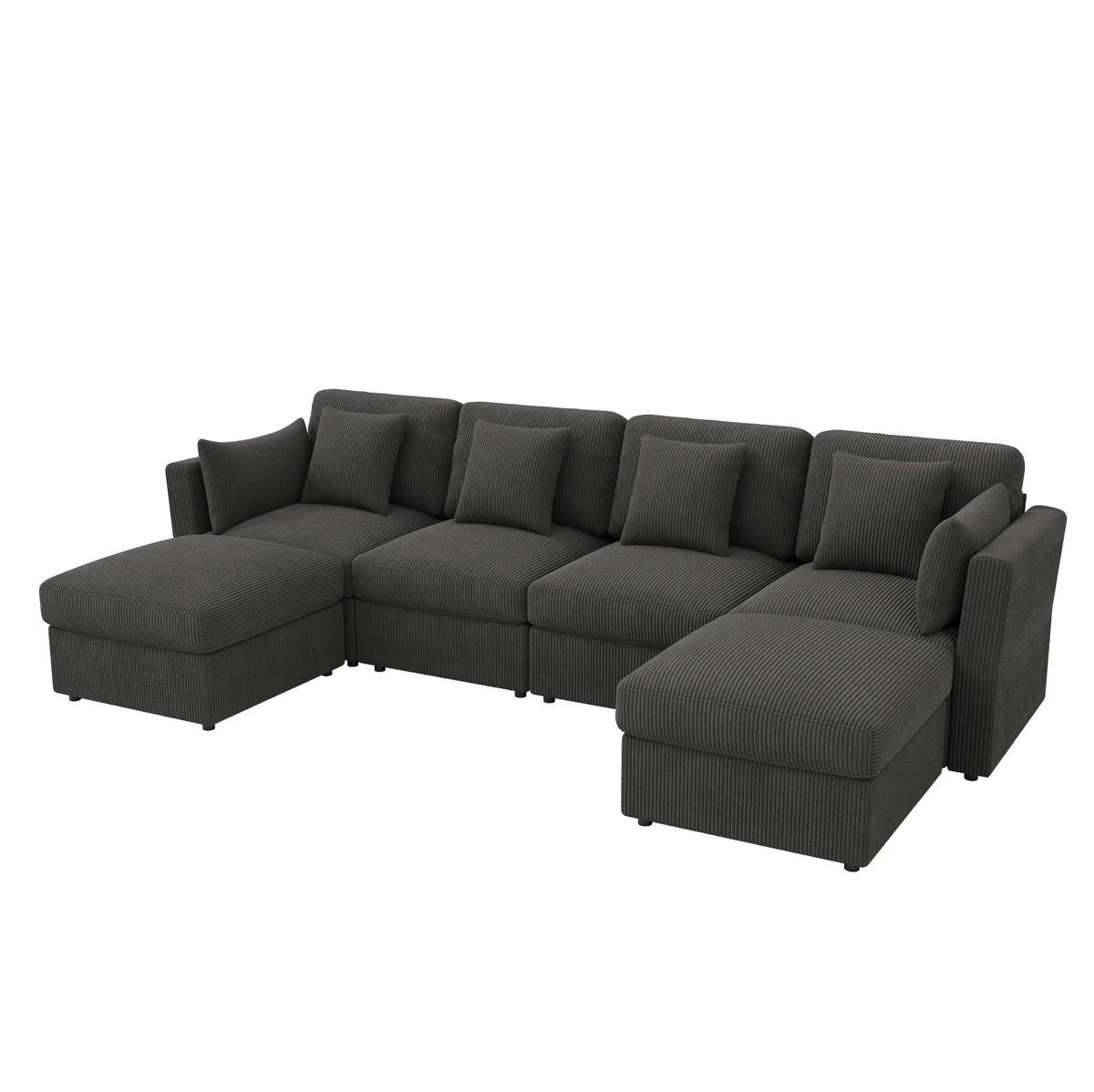 Canapé panoramique noir avec modules poufs, vue d’ensemble sur fond blanc