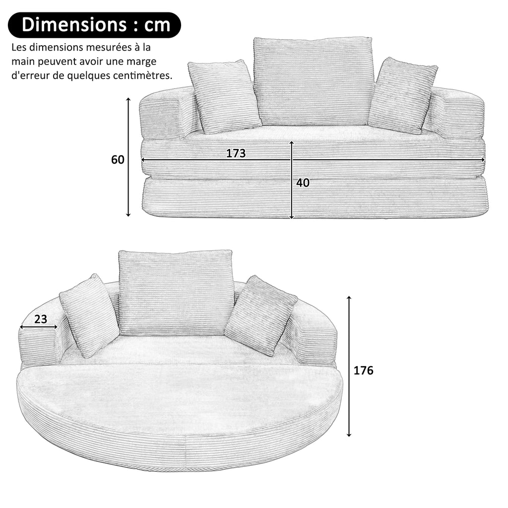 Canapé semi-circulaire transformable en lit de jour gris, dimensions et positions fermée et dépliée