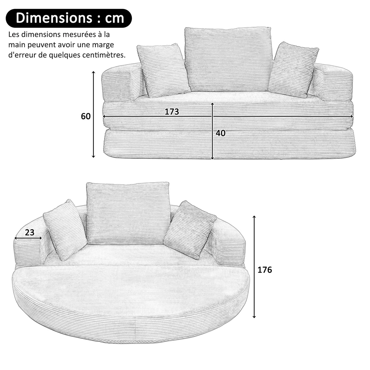 Canapé semi-circulaire transformable en lit de jour gris, dimensions et positions fermée et dépliée